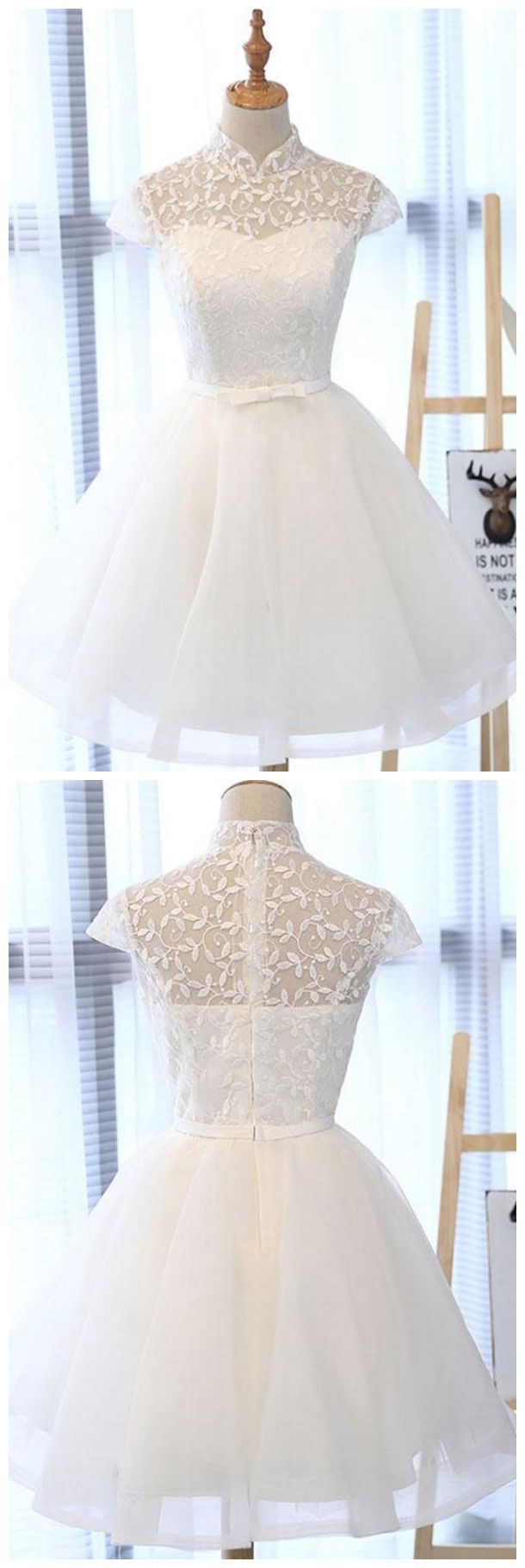 White Lace Short Prom Dress, White Homecoming Dress S2959