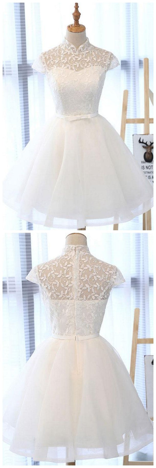 White Lace Short Prom Dress, White Homecoming Dress S2959