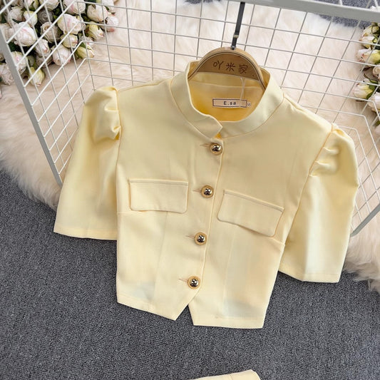 Fashion suit for ladies puff-sleeved short top two-piece set S4226