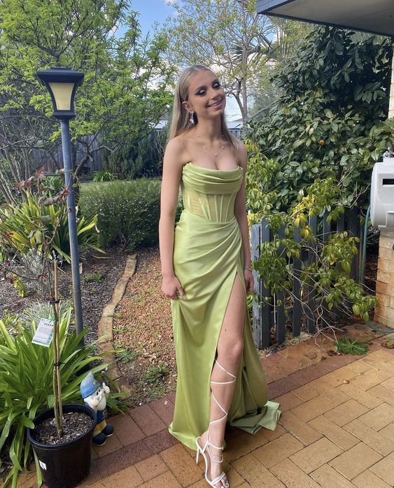 Green Satin Long Prom Gown, Elegant Long Formal Dress S3236