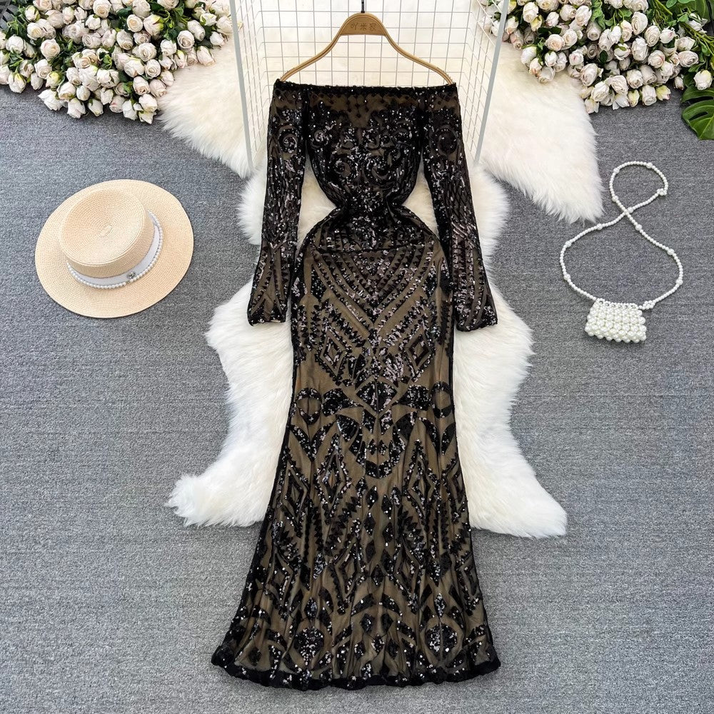 party evening dress,long-sleeved one-shoulder off-shoulder dress S4004