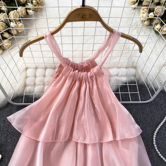 pink ruffled halterneck dress round neck a-line short skirt S4418