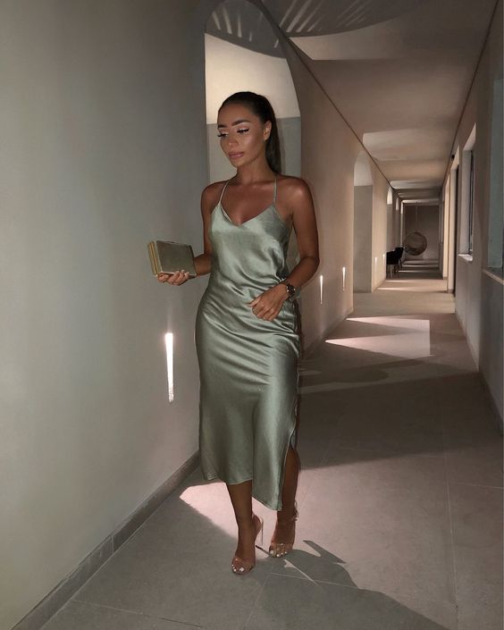 Green Evening Dress Satin Spaghetti Strap With Split S3161