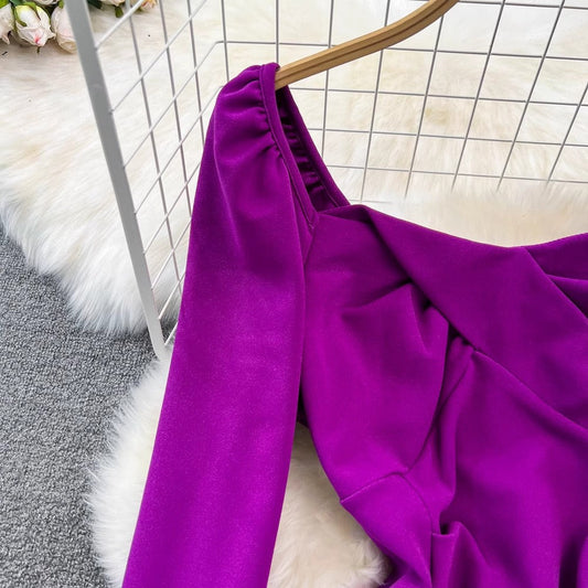 long-sleeved square neck mid-length slit dress S4040