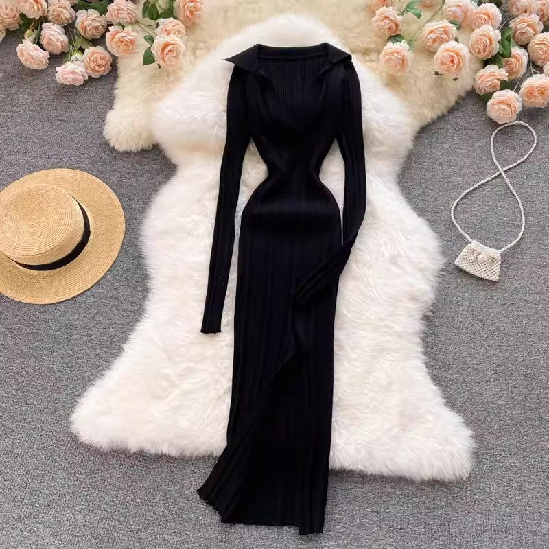 sexy elastic knitted long-sleeved skirt with slits S4505