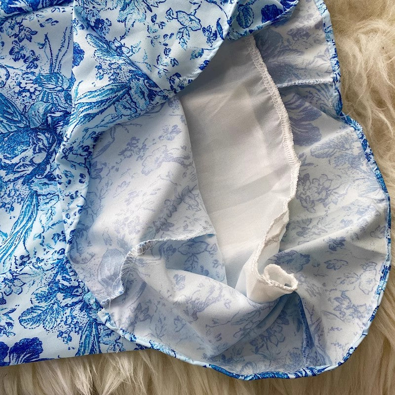 blue and white printed square sexy lantern sleeve dress S4337