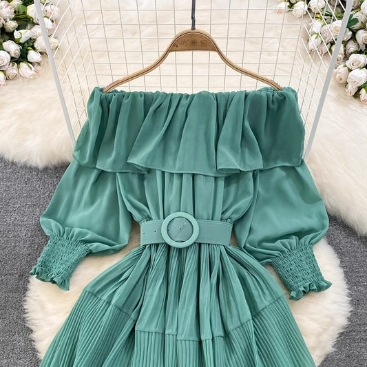 off-shoulder ruffled A-line pleated dress elegant long skirt S4426
