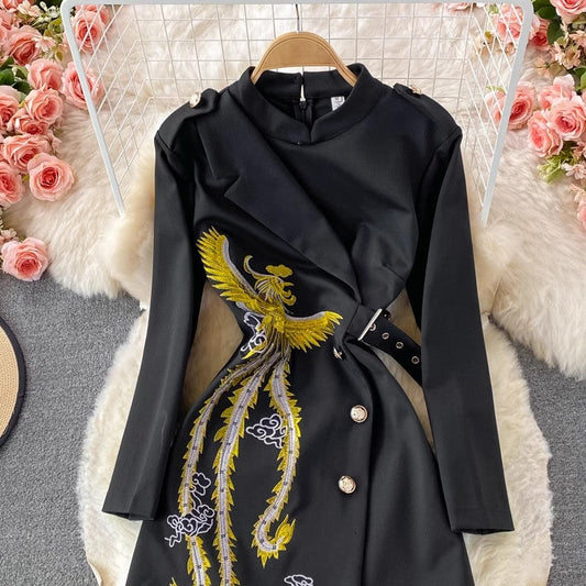 phoenix embroidered elegant mid-length dress S3937