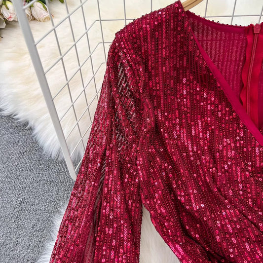 evening dress lantern long-sleeved V-neck sequined dress S4142