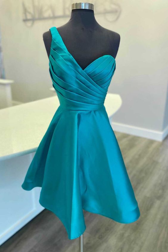 One Shoulder Teal Blue Ruched A Line Homecoming Dress Cocktail Dresses S3520