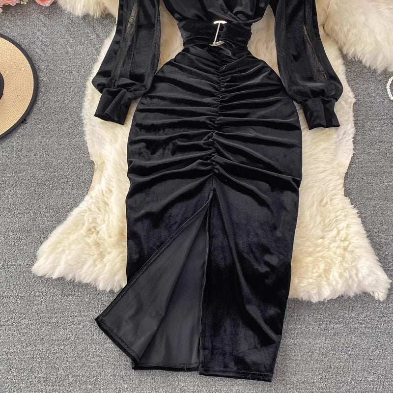 Sexy V-neck Pleated Mesh Velvet Slit Dress S4255