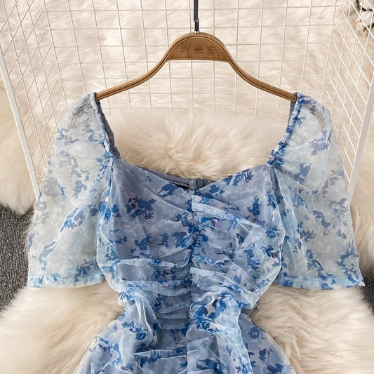 floral skirt new square neck puff sleeve pleated dress for women S4287