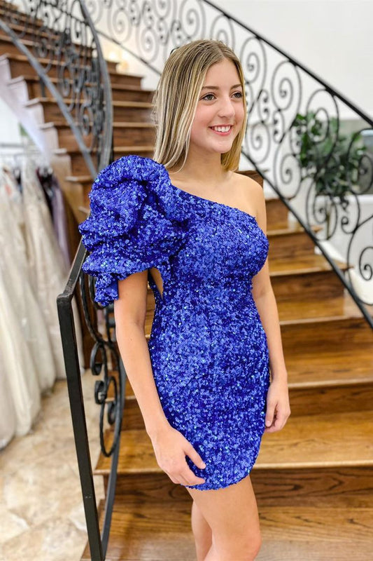 Royal Blue One Shoulder Puff Sleeve Sequins Sheath Homecoming Dress S3514