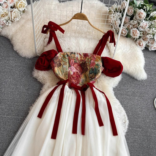 red dress long skirt a-line mesh dress S4346