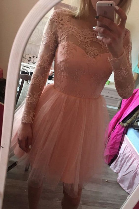 Long Sleeves Short Prom Tulle Homecoming Dresses with Appliques S3291