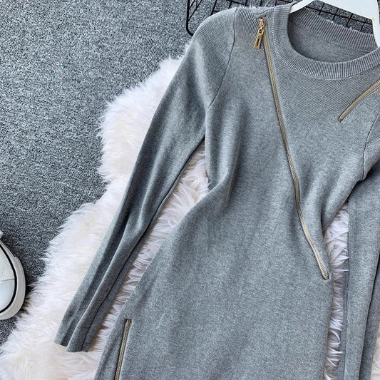 design knitted skirt round neck long sleeves irregular zipper solid color dress for women S4237