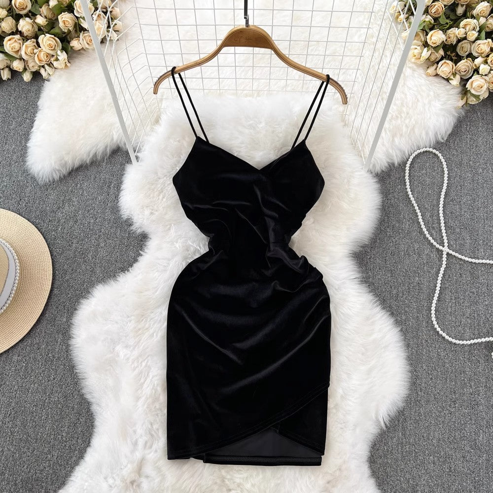 sexy V-neck velvet dress S4317