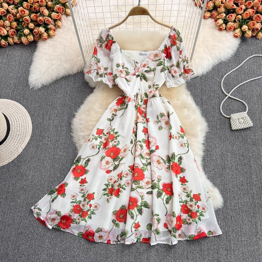 mid-length V-neck floral chiffon dress S4430