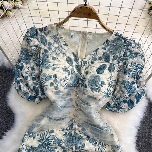 puff-sleeved V-neck mid-length slit printed dress S4109