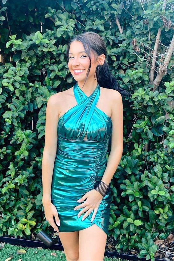 Halter Green Pleated Homecoming Dress S2844