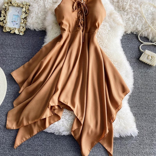 solid color sleeveless irregular dress S4281