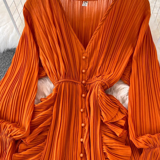 ruffled V-neck dress long skirt S4102