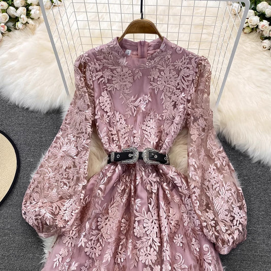 lantern long sleeves lace A-line long skirt embroidery dress S4181