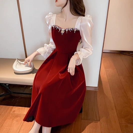 party burgundy long dress for women, evening dress for party S3453