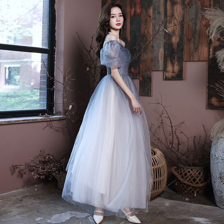 Gradient A Line Tulle Prom Dress Puff Sleeves Shiny Long Evening Dress S3115