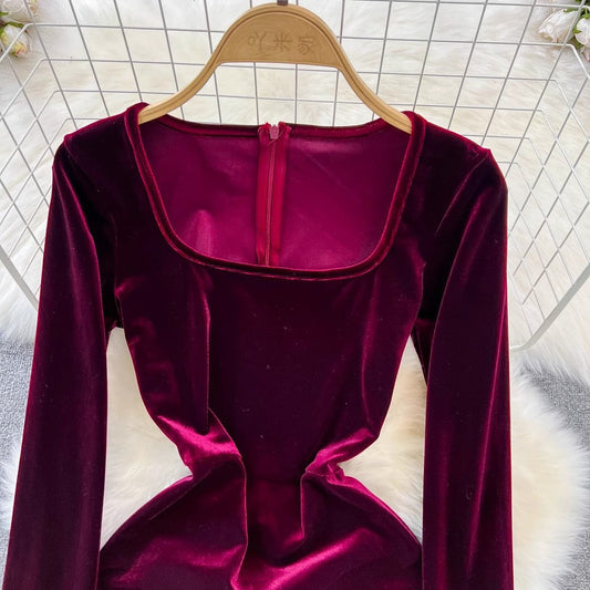 long-sleeved square neck mid-length velvet dress for women S4265