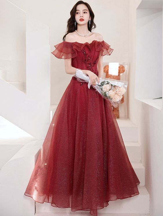 Chic Off Shoulder Sleeveless Burgundy Prom Evening Dress S3244