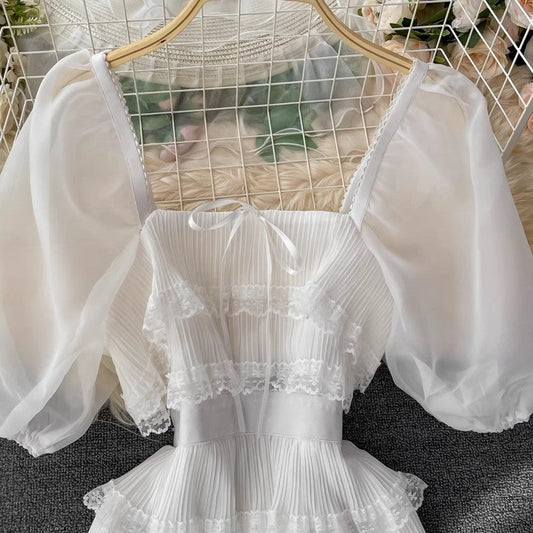 New Vacation White Square Neck Cake Dress S4046