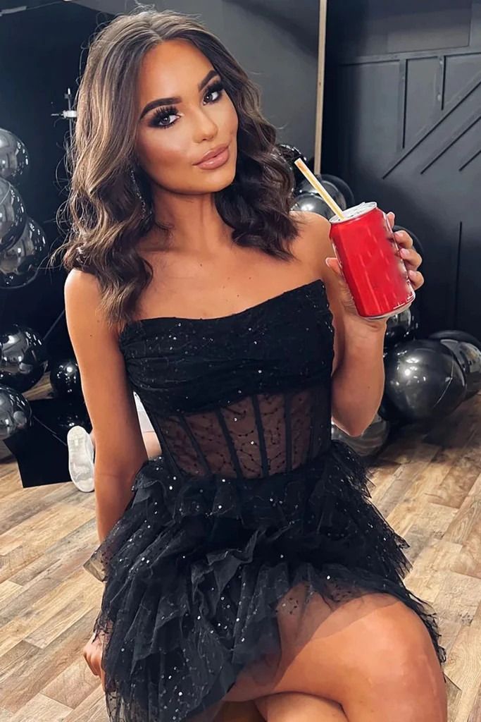 Shiny Strapless Layered Black Prom Dresses, Formal Evening Homecoming Dresses S3031