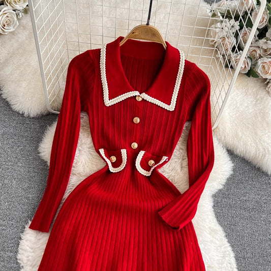 long-sleeved mid-length A-line knitted dress S4236