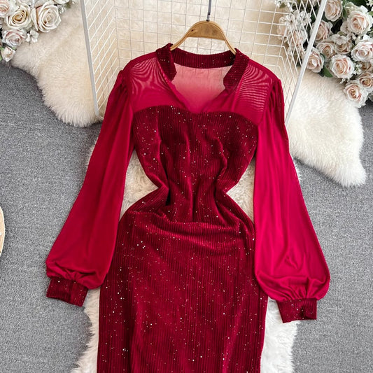 design bubble long-sleeved sequinned dress S4334