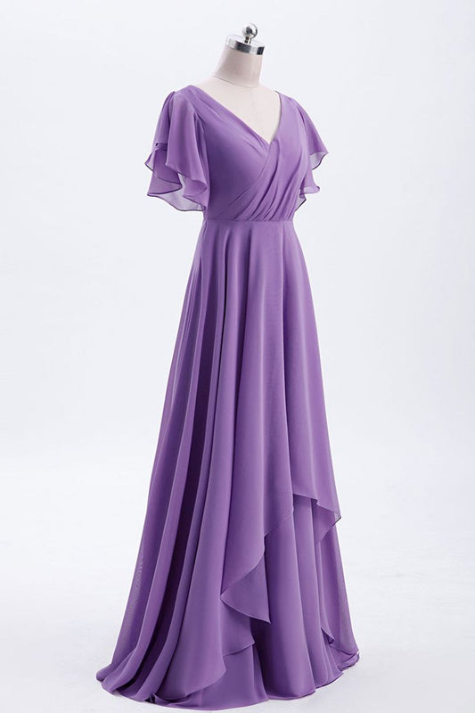 Flutter Sleeves Lavender Chiffon A-line Long Bridesmaid Dress S3493