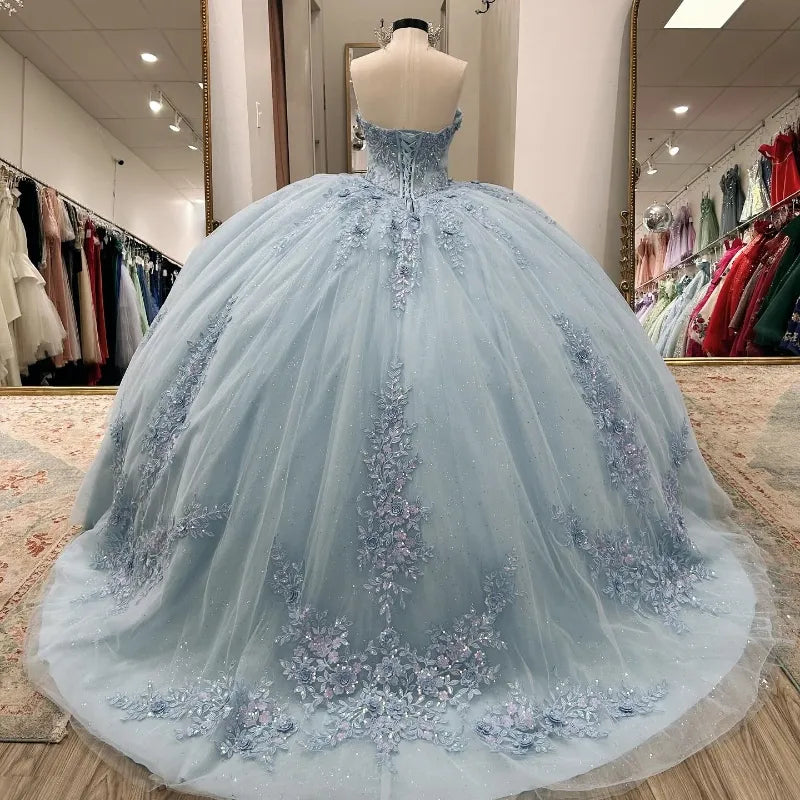 Sparkly Light Blue Quinceanera Dress Cape Flower Lace Vestidos de 15 Anos Birthday Party Princess Ball Gown