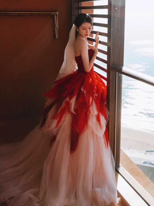 Pretty Ball Gown Red Strapless Tulle Long Party Dress Birthday Outfits SP1004