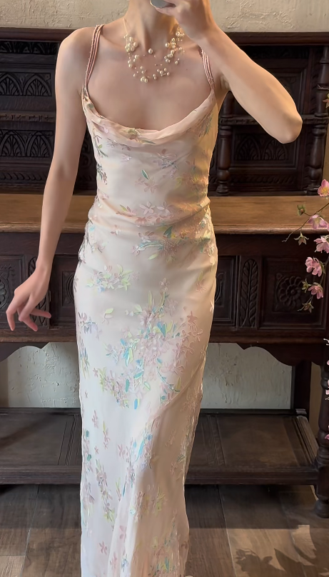 Sheath Pink Chiffon Prom Party Dress Vintage Flora Evening Dress fg8697