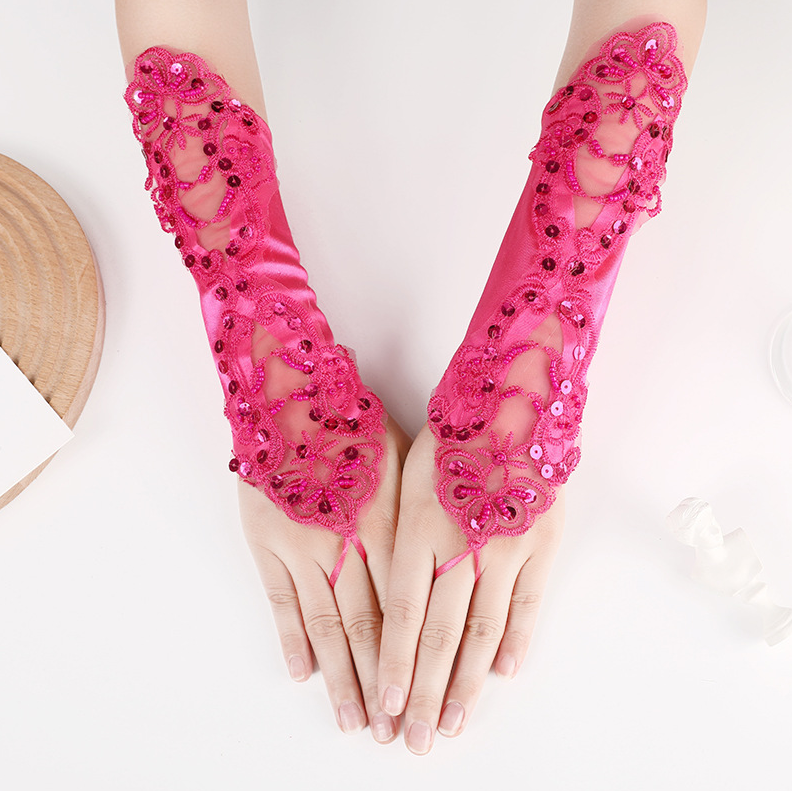 Hollow gloves wedding dress long lace embroidery nail beaded fingerless wedding gloves hook finger S6250