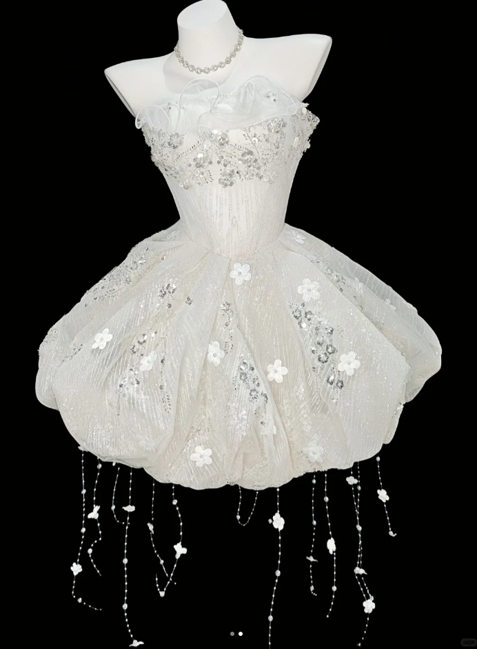 Glamorous Strapless White Tulle Sequin Beaded Appliques Long Birthday Prom Dress Evening Dress Two Piece D2349