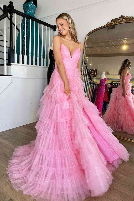 Princess Pink Strappy Frill-Layered A-Line Long Prom Dress Y1873