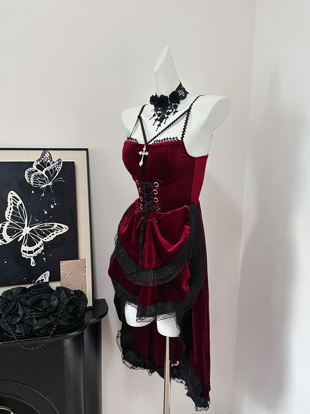 Pretty Red Velvet Lace Layered Birthday Dress Spaghetti Straps Short Graduation Homecoming Dress S634