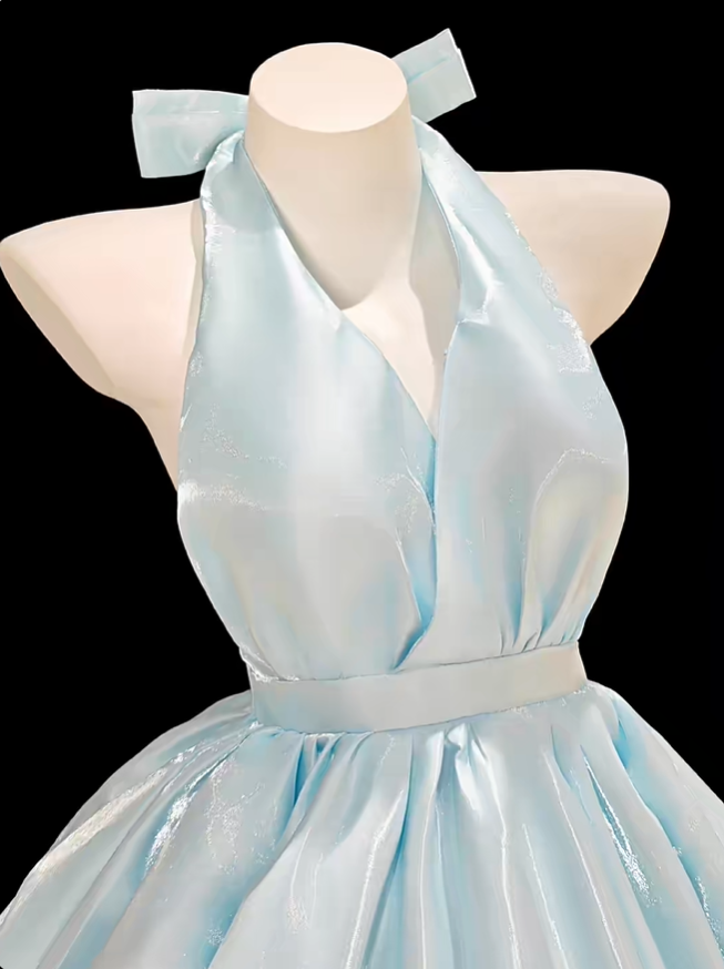 Sweet Halter V Neck Blue Satin A Line Short Homecoming Dress 17th Birthday Outfits D2352