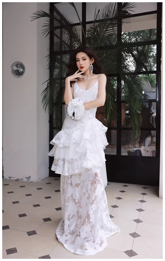 Fairy Spaghetti Strap White Lace Ruffle Layered Mermaid Long Prom Dress Evening Gowns