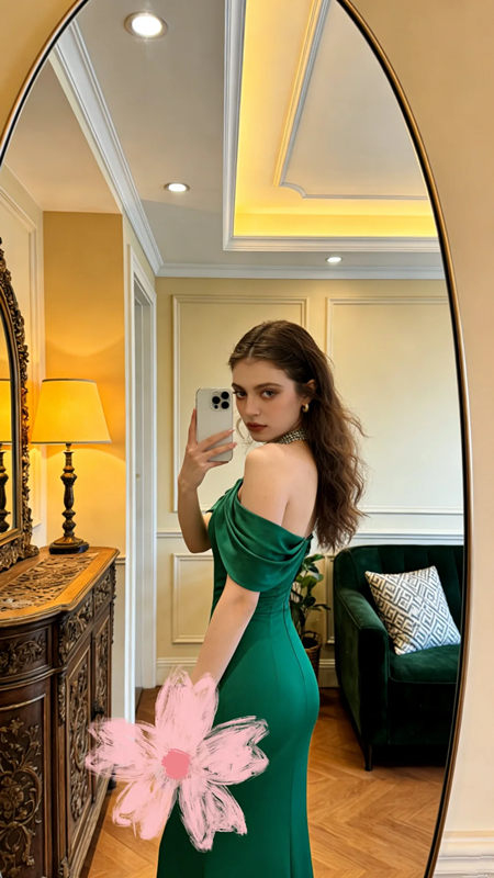 Green halter neck, fitted waist, slimming and sexy long ball gown R8615