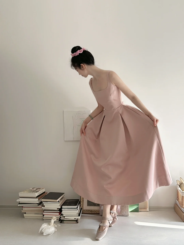 Champagne pink spaghetti strap, waist‑cinching, slim‑fit A‑line long elegant ball gown R7997