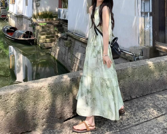 Ink painting halter neck dress seaside holiday style retro cool temperament skirt R0765