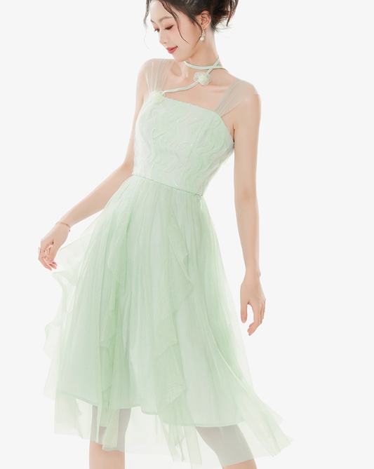 Women's summer suspender dress with ruffled sleeveless niche temperament mid-length skirt R4179