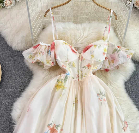 Tube Top Suspender Dress French Lady Style Waist Slimming Medium Length A-Line Printed Dress R0325